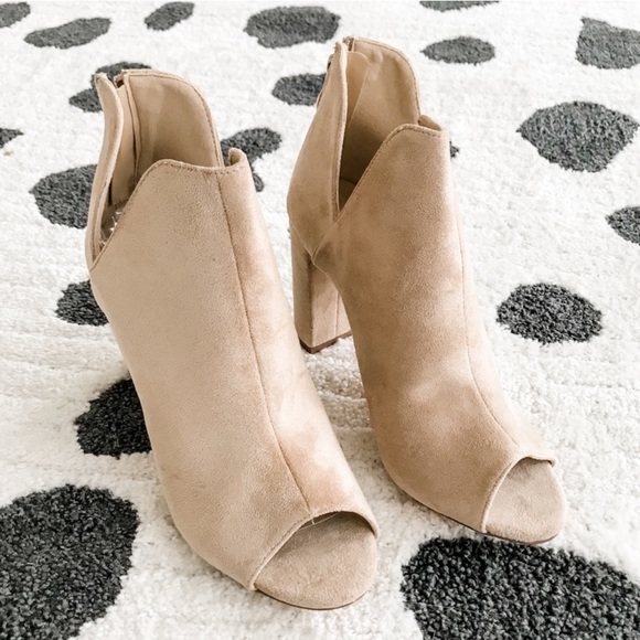 5⭐️/PAULINE/ Taupe Open Toe Suede Heeled Booties - Picture 3 of 3